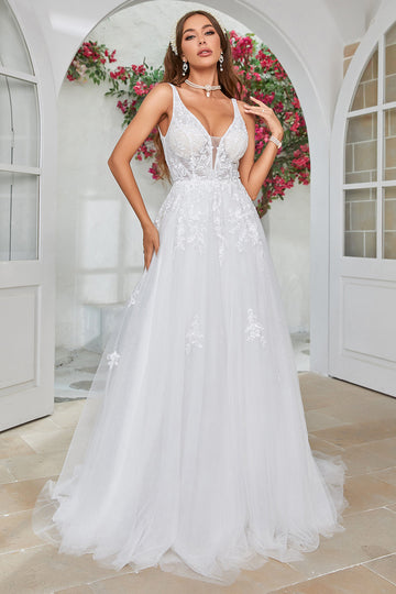 Ivory V-Neck Sweep Train Wedding Dress with Lace